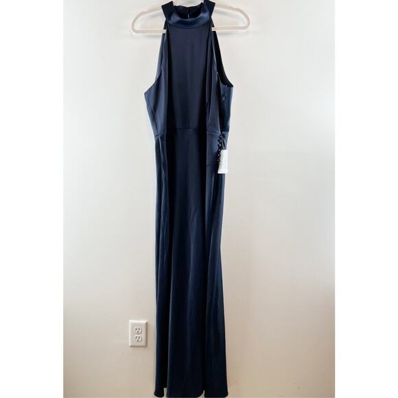 WAYF Halter Neck Sleeveless Slit Maxi Formal Gown Navy Blue XL - Picture 4 of 11